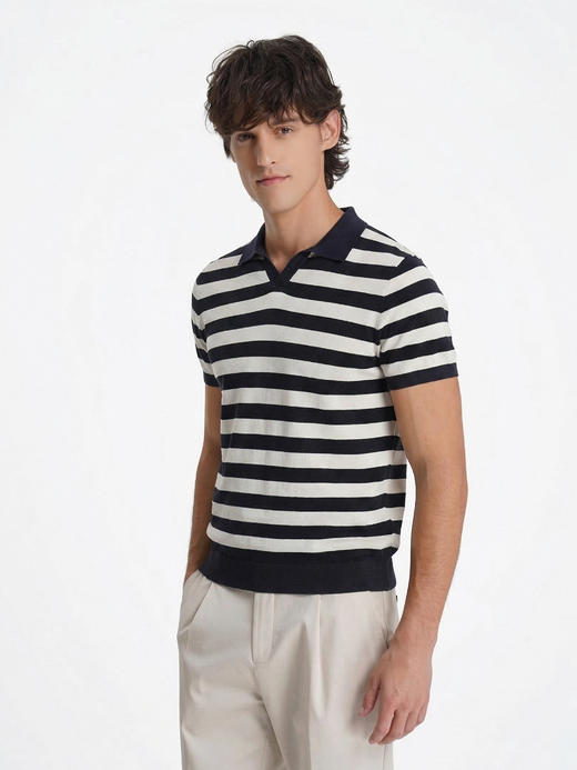 callisto藏青经典海军条纹燕子领长绒棉混纺T恤 商品图3