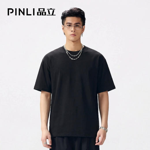 PINLI品立2026夏季新款青年百搭纯色圆领落肩袖短袖T恤上衣潮牌男GD262111055 商品图0