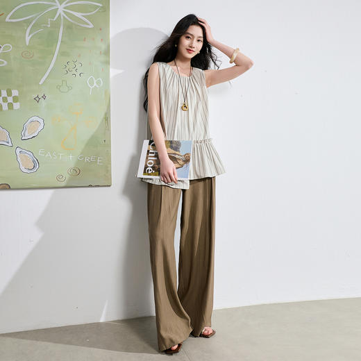 三彩2026夏季新款休闲裤松紧腰阔腿裤宽松长裤简约S 商品图2