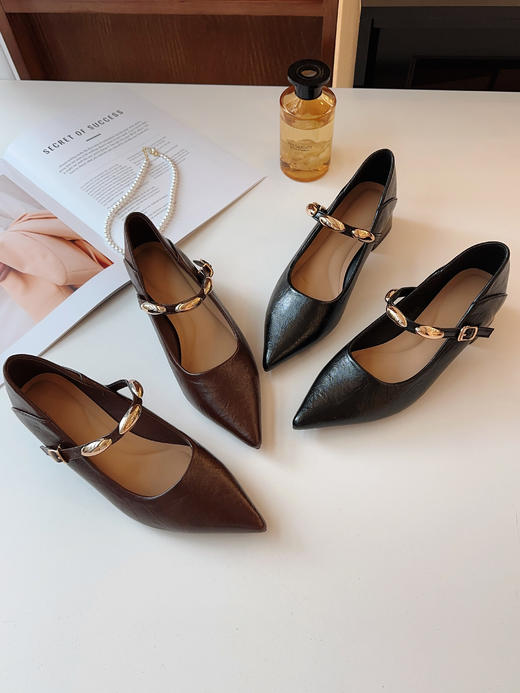 百思图同款超软牛皮金豆子小方跟尖头鞋 商品图10