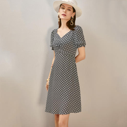 米思阳雪纺四叶花印花新款灯笼袖V领四叶花薄款连衣裙8D21BL1034 商品图1