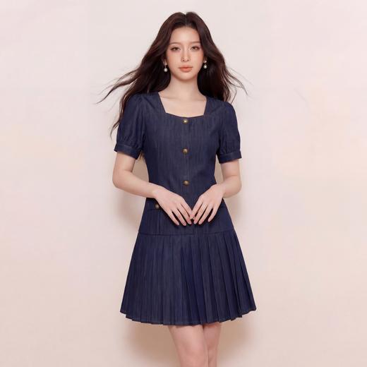 奢姿大码女装2026夏季百褶设计牛仔方领连衣裙胖妹妹休闲时尚裙子3262803839 商品图4