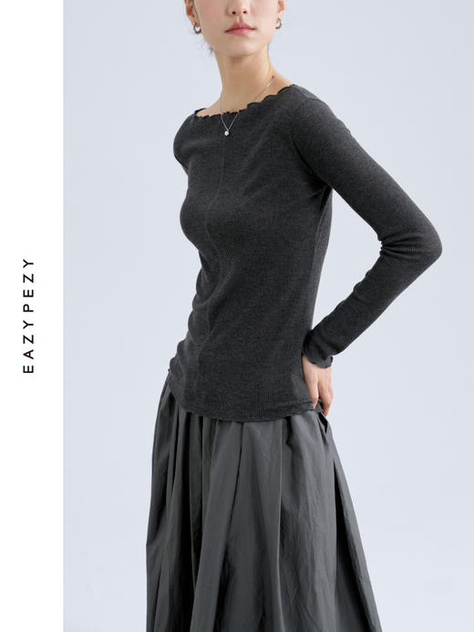 裸感·羊绒醋酸木耳边修身长袖罗纹衫 商品图2