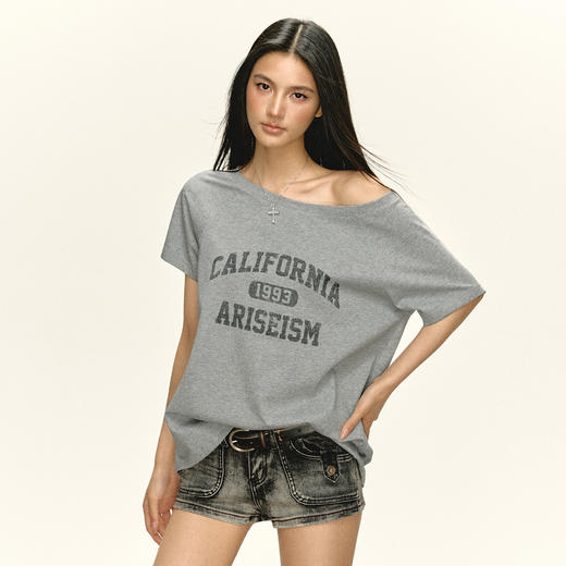 Ariseism 美式复古斜肩logo短袖T恤女夏季新款修身上衣 商品图2