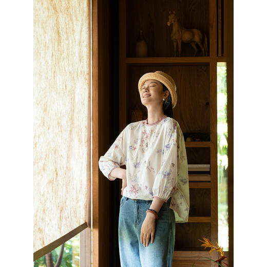 牧衣游原创 80支印花纯棉小衫女新款清雅文艺宽松碎花上衣 麦圆 商品图1