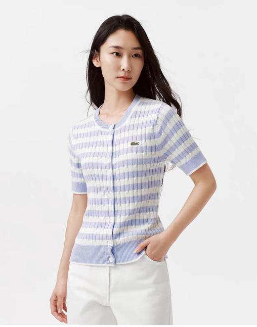 【9.5折】5楼法国鳄鱼LACOSTE女装26夏季新款条纹拼色短袖针织开衫|AF0672-98吊牌价1390折扣价1321 商品图1