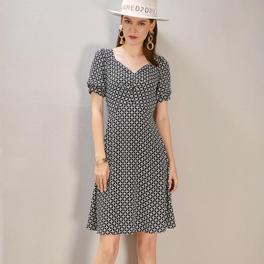 米思阳雪纺四叶花印花新款灯笼袖V领四叶花薄款连衣裙8D21BL1034 商品图3