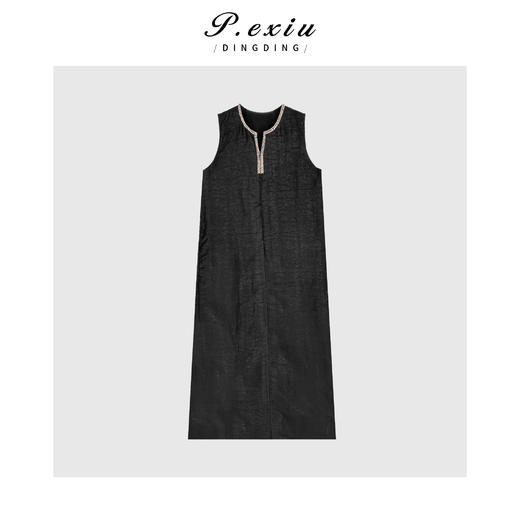 03-5潘依绣丁丁宠粉【月夜流萤】香云纱龟裂纹钉珠国风无袖连衣裙J5551 商品图0