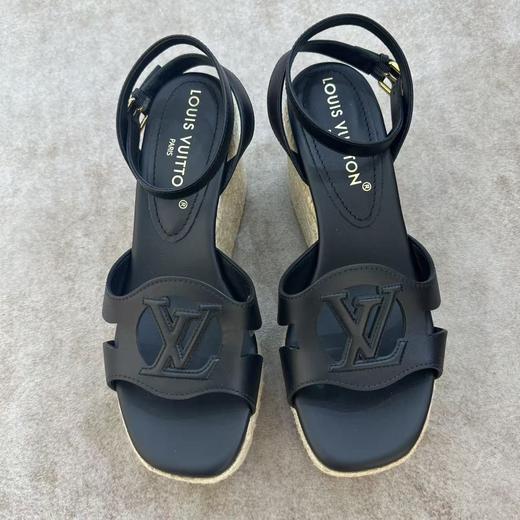 女款皮革坡跟一字带凉鞋he 商品图0