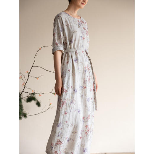 牧衣游原创 进口亚麻印花连衣裙新款轻薄宽松质朴复古长裙 花满柿 商品图3