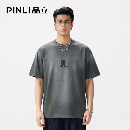 PINLI品立2026夏季新款字母印花圆领短袖T恤男士上衣BG262111504 商品图0