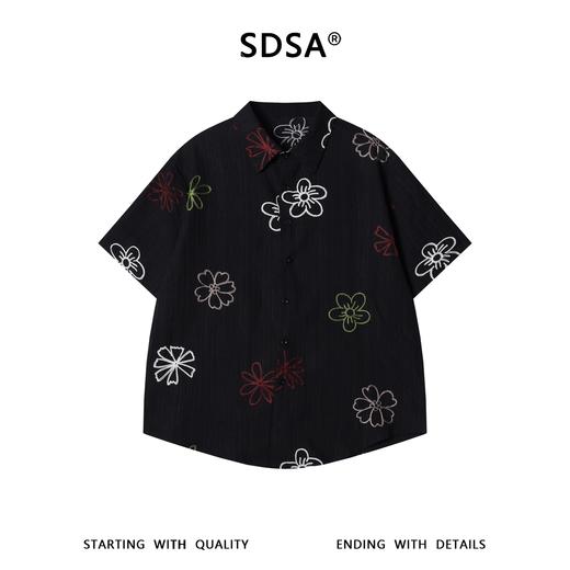 SDSA男装2026新款轻奢韩版复古彩色花卉刺绣竖条短袖衬衫百搭宽松 商品图1