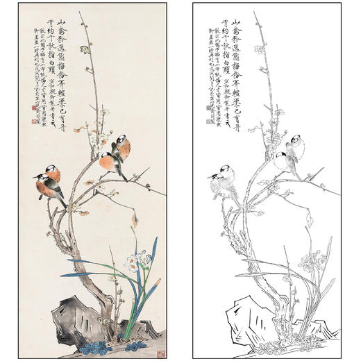 工笔画白描底稿于非闇花鸟《临徽宗花鸟》临摹勾线高清打印稿FA65 商品图0