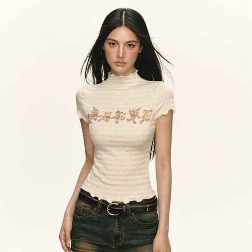 Ariseism 美式复古小熊印花木耳边短袖T恤女夏季新款修身上衣 商品图0