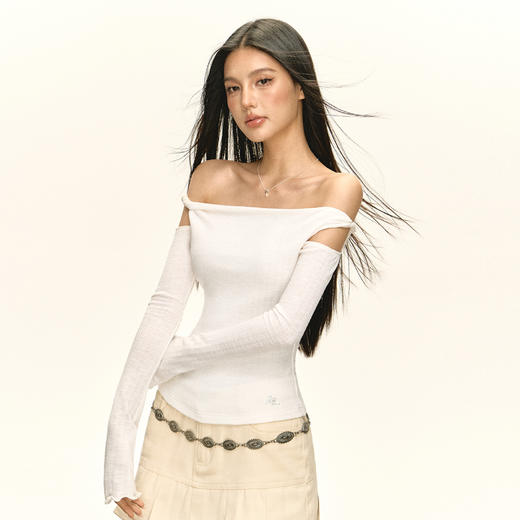 Ariseism 白色绑带一字肩上衣长袖T恤女春季新款修身上衣 商品图1