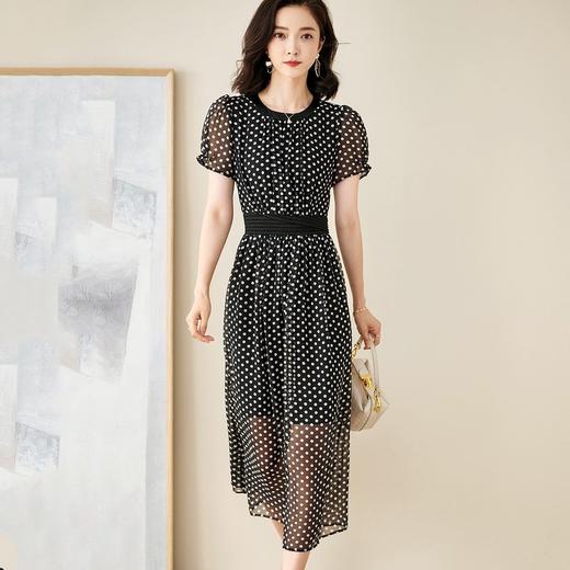 米思阳新款复古优雅波点雪纺裙中长款收腰显瘦连衣裙5M21BL1249 商品图1