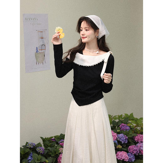 鹿向南「风传花信」法式黑杏色不规则T恤显瘦长袖女2026春季新款 商品图4