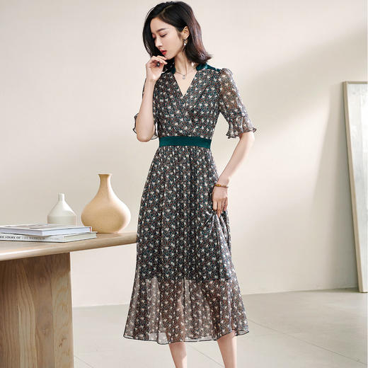 米思阳2026夏季新款气质淑女印花雪纺裙收腰荷叶袖中长连衣裙1083 商品图2