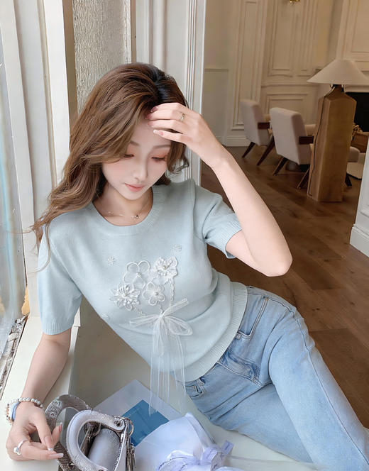 张心子【花与爱丽丝】圆领立体花蕾丝减龄软糯针织衫上衣 U2603041 商品图1