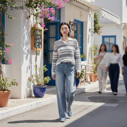 【商场同款】CNK6416  “ 条纹镂空衫 ”轻亚麻混纺 干爽舒适 宽松版型舒适自在POLO领毛衫 商品图7