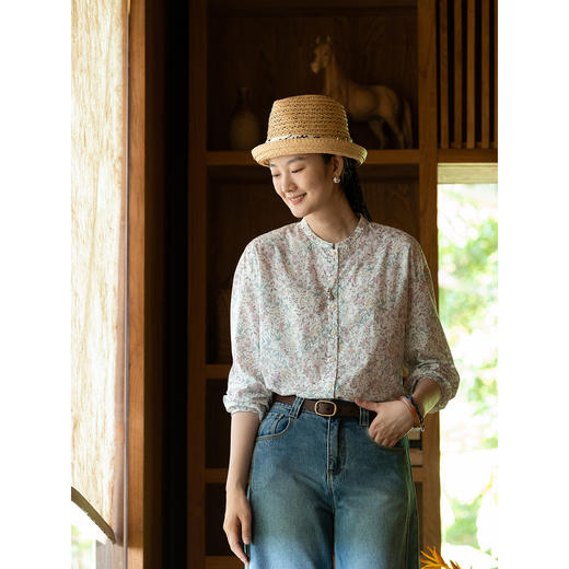 牧衣游原创 80支印花纯棉衬衫女新款柔软亲肤文艺碎花上衣 彩云间 商品图2