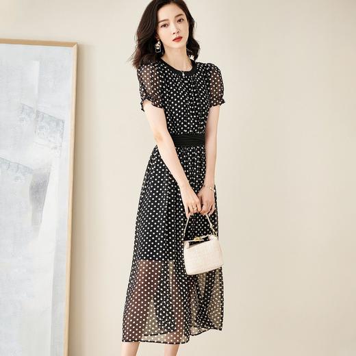 米思阳新款复古优雅波点雪纺裙中长款收腰显瘦连衣裙5M21BL1249 商品图2
