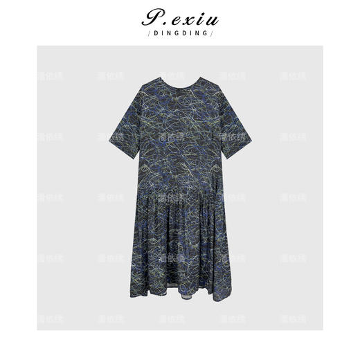03-5潘依绣丁丁宠粉人丝彩色线条印花高级感短袖连衣裙 H2502 商品图1