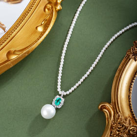 子佩集【碧落星语】银S925珍珠惜王妃项链【ZZXL037】2.8mm小珠12mm大珠绿椭圆方块2601