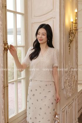 【门店同款】ENJOY夏季法式V领蕾丝短袖上衣 171045801