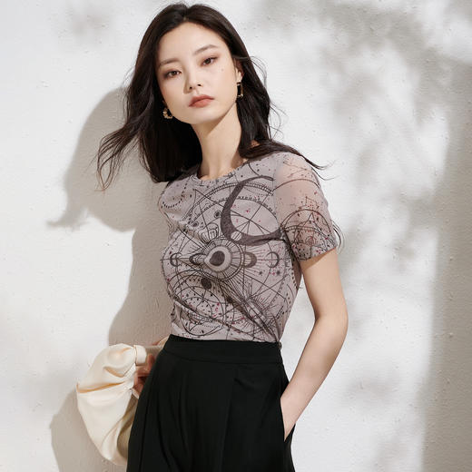 夏季显瘦新款时尚印花修身圆领上衣气质百搭短袖薄T恤8D22BT0889 商品图3