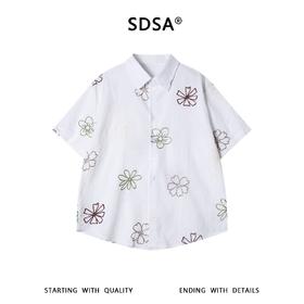 SDSA男装2026新款轻奢韩版复古彩色花卉刺绣竖条短袖衬衫百搭宽松