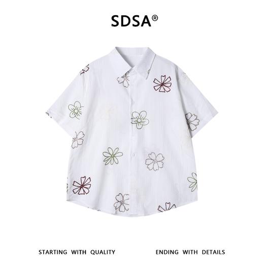 SDSA男装2026新款轻奢韩版复古彩色花卉刺绣竖条短袖衬衫百搭宽松 商品图0