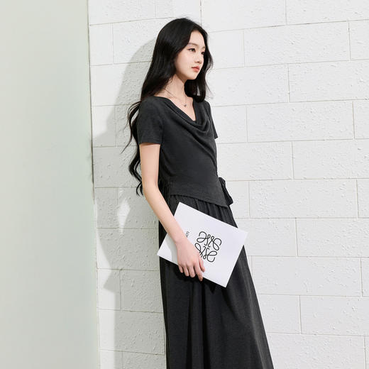 三彩2026夏季新款假两件连衣裙收腰A字裙荡领长裙S 商品图3