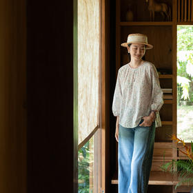 牧衣游原创 80支纯棉手绘印花小衫圆领碎花文艺百搭上衣 山水谈