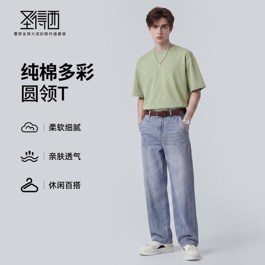 【100%棉】圣得西男士短袖t恤2026新款春季简约日常休闲圆领上衣 商品图3