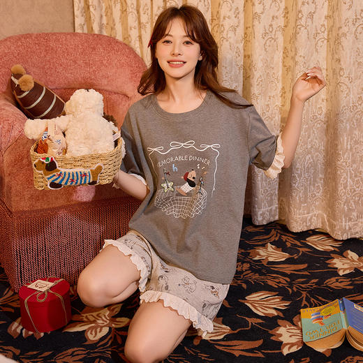 夏日乐园 精致居家【梦惠妮 治愈系纯棉家居服套装】（背心/短袖自选）纯棉家居服 轻薄透气 拒绝黏腻 裸感深睡 治愈系萌宠印花 蕾丝/拼色细节 减龄显白 质感拉满 #M663 商品图9