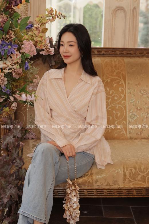 【门店同款】ENJOY夏季三文鱼色条纹绑带衬衫 170643818 商品图3