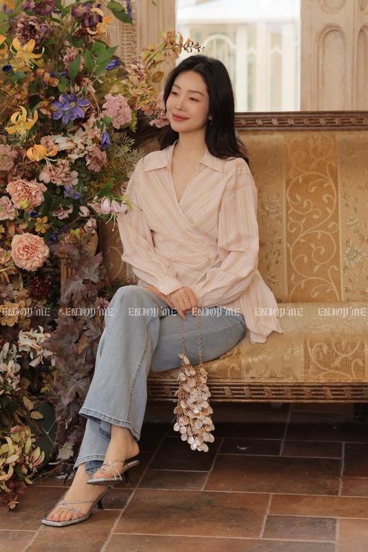 【门店同款】ENJOY夏季三文鱼色条纹绑带衬衫 170643818 商品图4