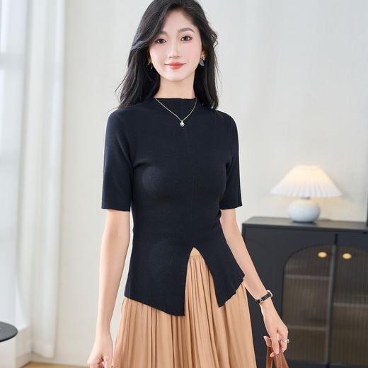 米思阳2024夏季新款设计感纯色通勤短袖毛衣简约风气质上衣1146/1076 商品图4