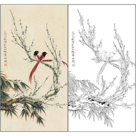 工笔画白描底稿于非闇花鸟《梅花双鸟》临摹勾线高清打印稿FA66 商品图0