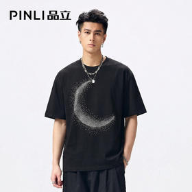 PINLI品立2026夏季新款青年月亮烫钻圆领落肩袖短袖T恤上衣潮牌男BG262111506