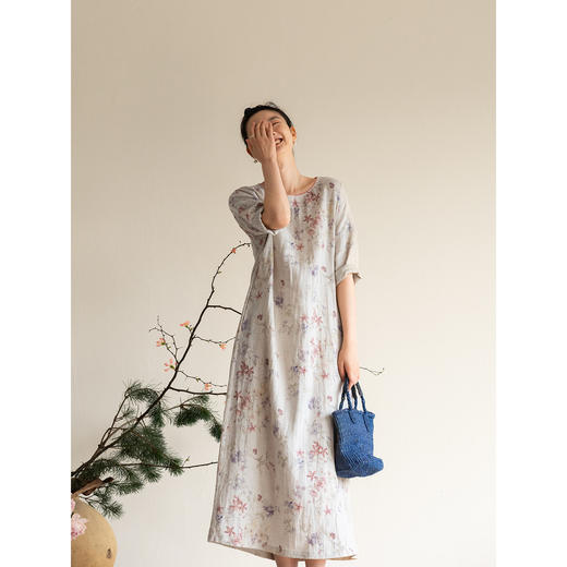 牧衣游原创 进口亚麻印花连衣裙新款轻薄宽松质朴复古长裙 花满柿 商品图1