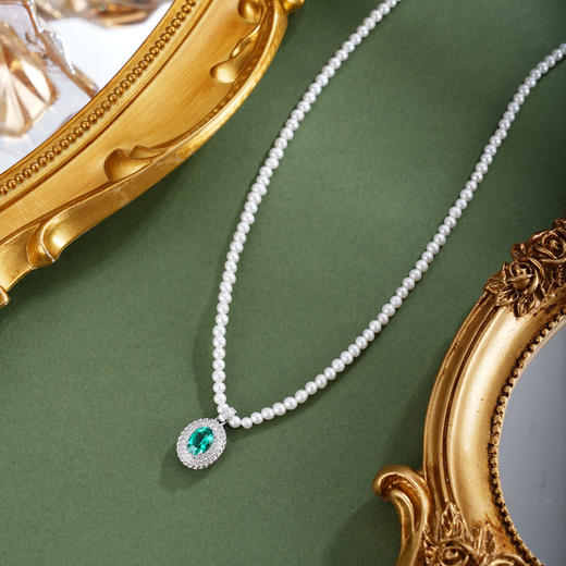 子佩集【碧落凝霜】银S925珍珠惜王妃项链【ZZXL031】2.8mm珠绿椭圆2601 商品图1