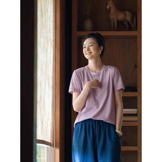 牧衣游原创 手工刺绣木棉纤维混纺T恤女炒色古朴宽松短袖 花千树 商品图1