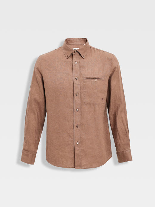 callisto咖色亚麻工装风胸前贴袋休闲衬衫 商品图0