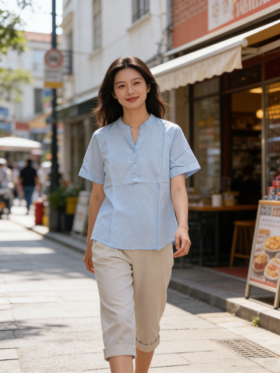 佐丹奴女装26年新款莱赛尔棉麻V领短袖衬衫05346241