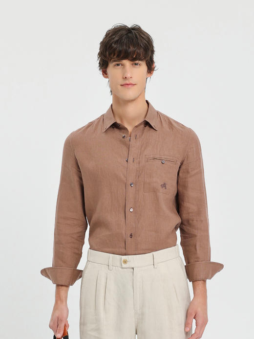 callisto咖色亚麻工装风胸前贴袋休闲衬衫 商品图2