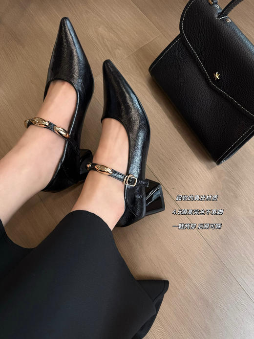 百思图同款超软牛皮金豆子小方跟尖头鞋 商品图2