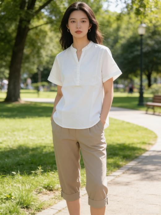 佐丹奴女装26年新款莱赛尔棉麻V领短袖衬衫05346241 商品图2