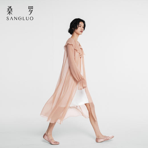 月光倾泻』桑罗荷叶领飘带长袖真丝睡袍100%桑蚕丝女家居服可外穿 商品图3